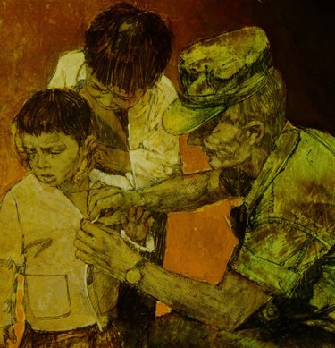 A Navy Corpsman Helps; Painting, Acrylic on Board; by Jim Sharpe; 1969