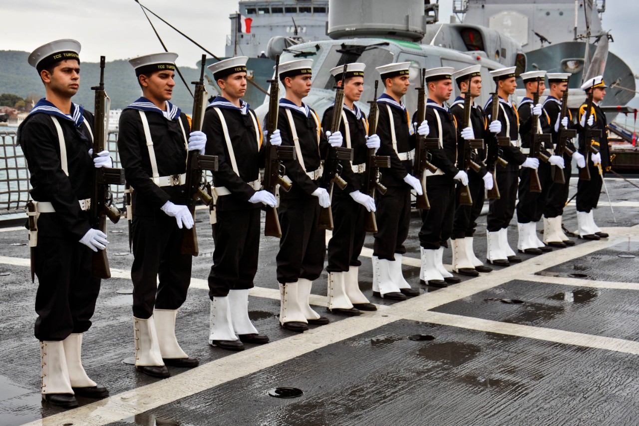 Sailors aboard Standing NATO Maritime Group 2 (SNMG2) Turkish ship TCG Turgutreis (F 241)
