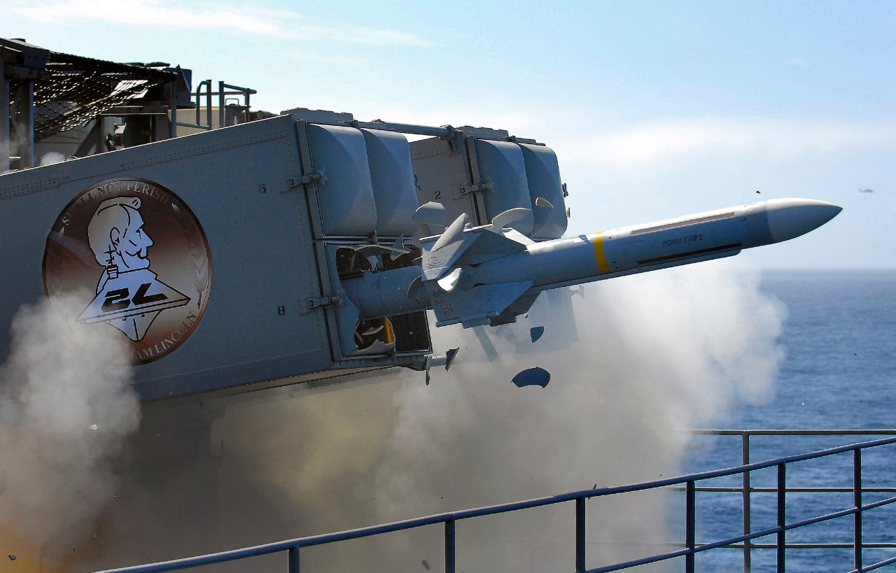 A RIM-7P NATO Sea Sparrow Missile launches 