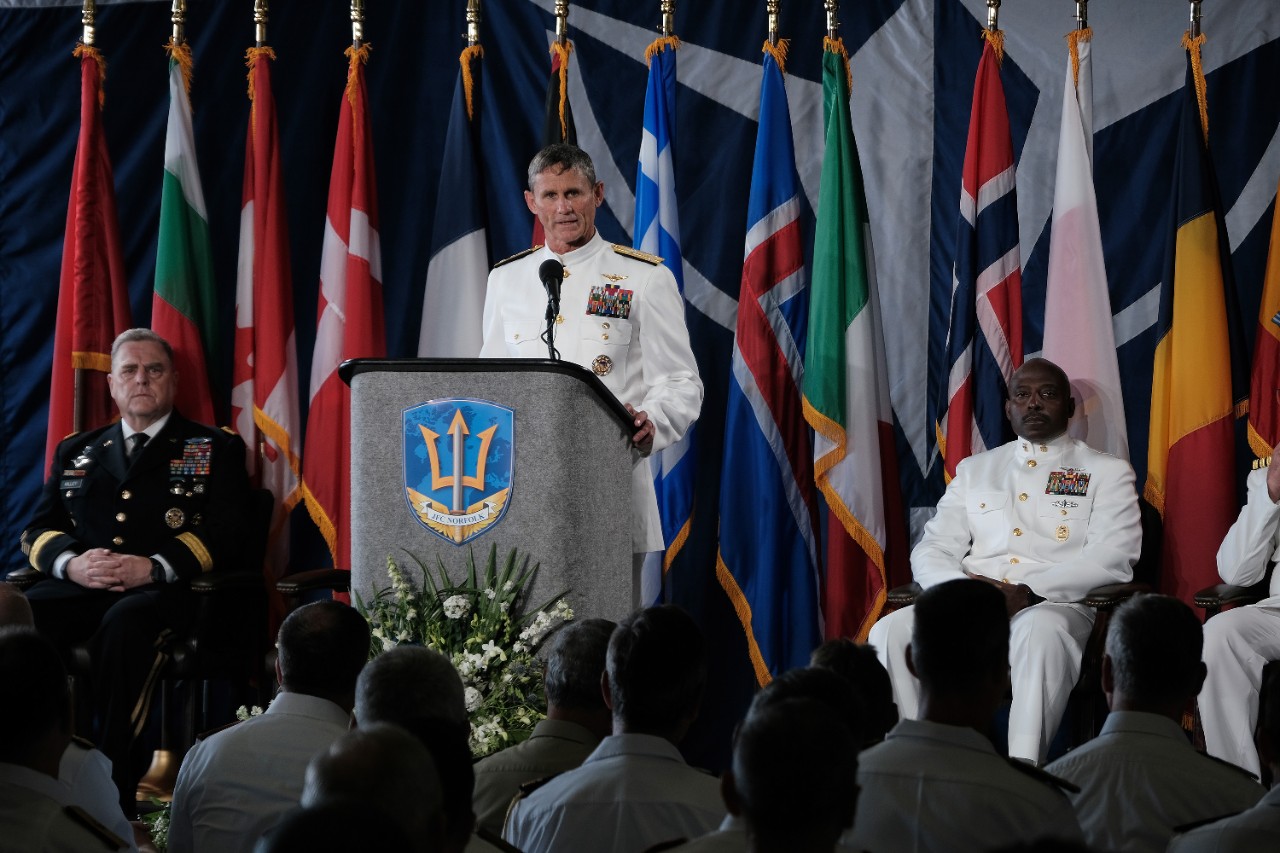 Vice Adm. Andrew Lewis, commander of Joint Force Command Norfolk delivers remarks at the Joint Force Command Norfolk Full Operational Capability ceremony.