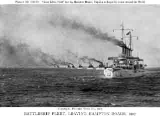 Connecticut leading the other 15 battleships out of Hampton Roads, beginning of cruise, 16 December 1907.