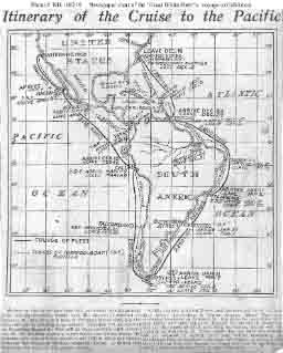 Chart from newspaper showing route to be taken by the fleet from their December 1907 departure from Hampton Roads, Virginia, until their planned arrival at San Francisco, California, in the spring of 1908. Text below the chart indicates it was published mid-December 1907.