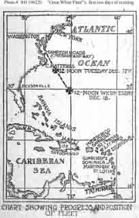 Chart from newspaper showing the movements of the fleet during the first two days of cruising after departure from Hampton Roads, Virginia.