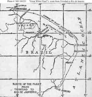 Chart from newspaper showing the route of the fleet battleships from their 29 January 1907 departure from Trinidad until their arrival at Rio de Janeiro, Brazil, on 12 January 1908. It emphasizes the offshore course taken to avoid strong westerly currents off the northeastern coast of South America.
