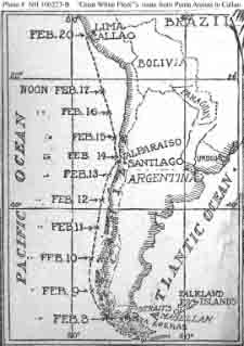Chart from newspaper showing the movements of the fleet battleships from their 8 February 1908 passage of the western part of the Straits of Magellan until their arrival at Callao, Peru, on 20 February 1908.