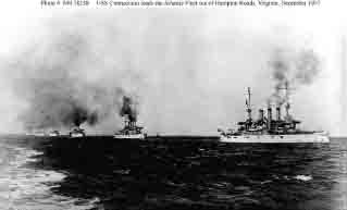Connecticut at right leads the Atlantic Fleet out of Hampton Roads, Virginia, at start of world cruise, December 1907.