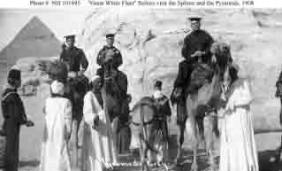 Sailors at base of Sphinx during fleet's visit to Egypt, circa 4 January 1909.