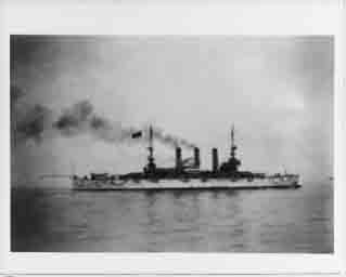 One of the Atlantic Fleet's battleships returns to United States after world cruise, circa 22 February 1909.