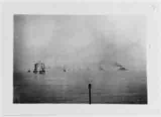 Fleet battleships steam into Hampton Roads, Virginia, at conclusion of voyage around the world, 22 February 1909. Ship nearest camera at left is Dolphin, with members of Congress embarked.