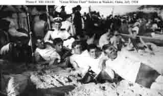 Race boat crew from one of the fleet's battleships, Waikiki Beach, Oahu, Hawaii, 19 July 1908.
