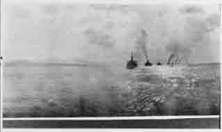 Fleet battleships passing Pago Pago, Samoa, during voyage from Hawaii to New Zealand, 1  August 1908.
