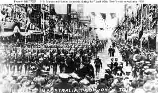 U.S. Marines and Sailors parade in Australia during fleet's visit there in August-September 1908.