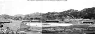Panoramic view (made from two photos) of entertainment facility halls and grounds erected by Chinese government for use during fleet's visit to Amoy, China, late October and November 1908.
