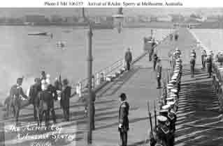 Local military and naval officers greet fleet's commander in chief, Rear Admiral Charles S. Sperry (at left, second from left) as he arrives at St. Kilda, near Melbourne, Australia, circa late August 1908.