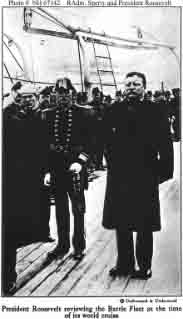 Halftone reproduction of photograph by Underwood & Underwood showing President Theodore Roosevelt (right) on board Connecticut.