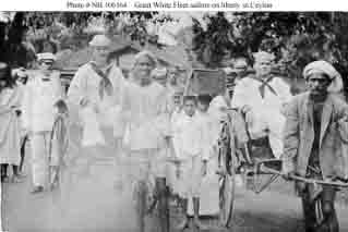 Sailors riding in rickshaws while on liberty in Ceylon (Sri Lanka), December 1908.