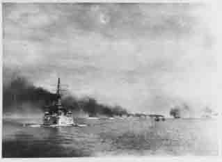 Atlantic Fleet battleships steam in column past Zamboanga Point, Philippine Islands, 30 September 1908.