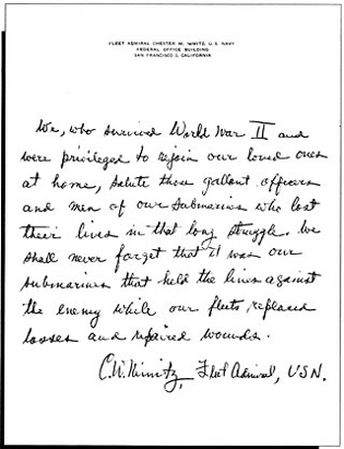 Image of Fleet Admieral Chester W. Nimitz's letter.