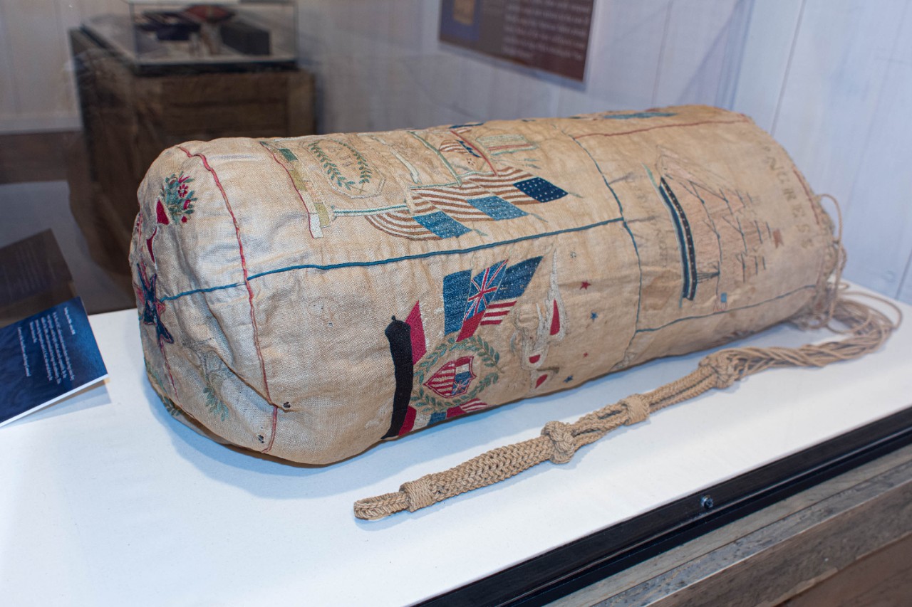 Photo of a seabag from the Age of Sail. Artifact is part of the Sails Unfurled exhibit.