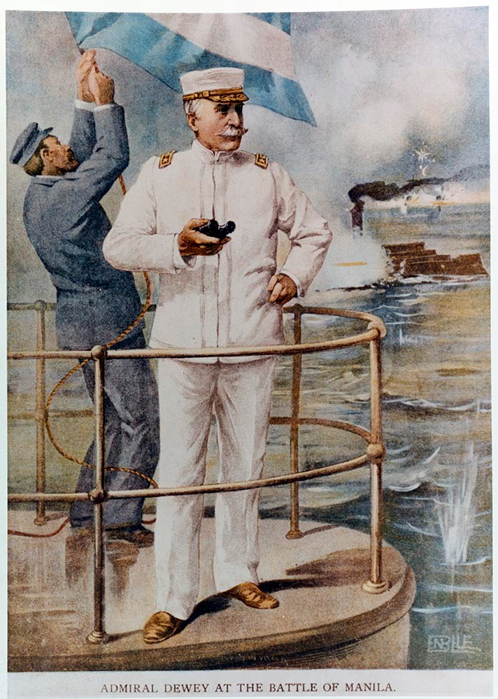 Admiral of the Navy George Dewey led the U.S. Asiatic squadron to victory at the Battle of Manila Bay during the Spanish-American War.