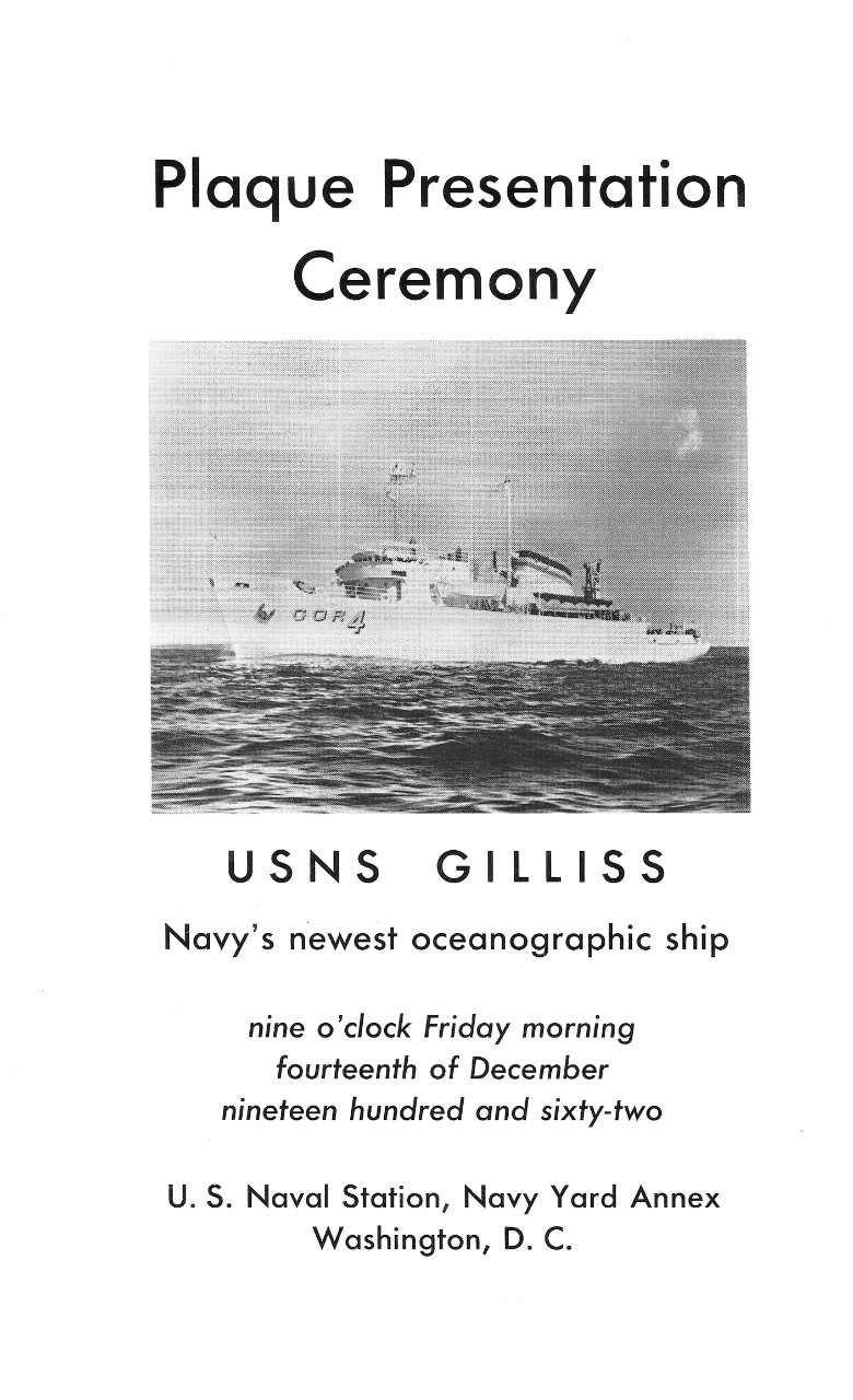 USNS James M. Gilliss (T-AGOR-4) Plaque Presentation Pamphlet, Obverse. National Museum of the U.S. Navy Archives.