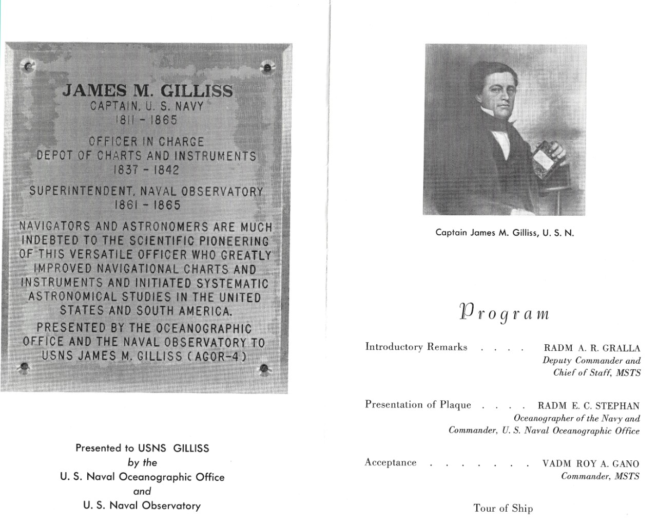 USNS James M. Gilliss (T-AGOR-4) Plaque Presentation Pamphlet, Interior. National Museum of the U.S. Navy Archives.