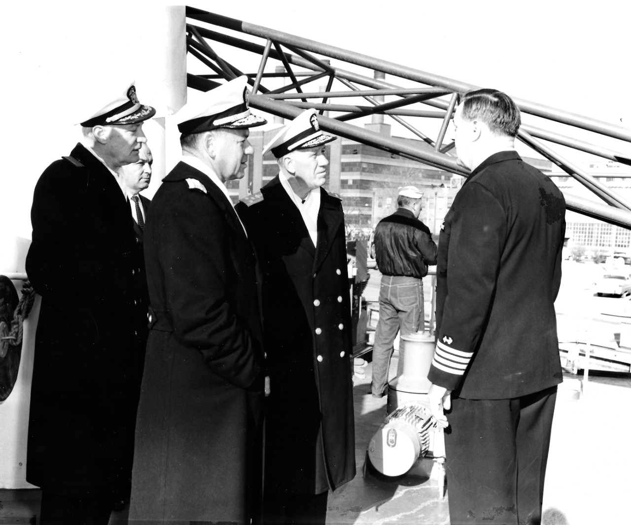 NMUSN-23: USNS James. M. Gilliss (T-AGOR-4), December 1962. Naval Historical Display Center’s Director, Captain Slade D. Cutter, USN, discusses with Vice Admiral Roy A. Gano, USN, Commander, Military Sea Transportation Service, Rear Admiral Arthu...