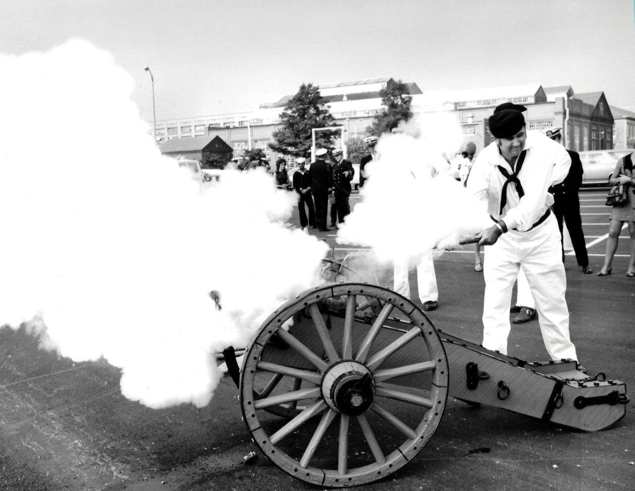 NMUSN-41: Replica Cannons fired for 25th Anniversary of the Navy Museum, October 1987. In celebration of the 25th Anniversary, replica cannons are fired towards the Anacostia River, Washington Navy Yard, Washington, D.C. National Museum of the U....