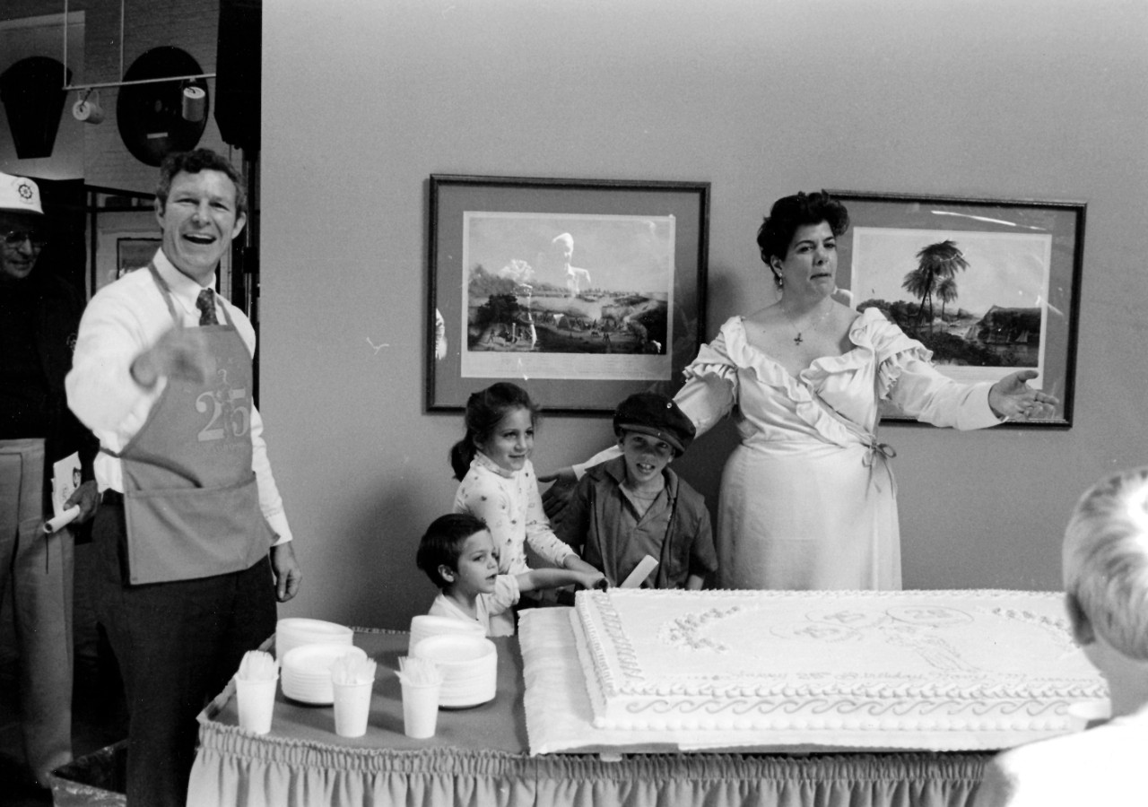 NMUSN-42: Dr. Oscar Fitzgerald, Navy Museum, October 1Dr. Oscar Fitzgerald, Navy Museum, October 1987. Dr. Fitzgerald prepares to cut the anniversary cake. National Museum of the U.S. Navy Photograph Collection987. Dr. Fitzgerald prepares to cut ...
