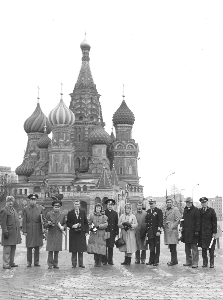 NMUSN-127: Saint Basil’s Cathedral, Moscow, Russia, February-March 1989. The Navy Museum’s Director, Oscar P. Fitzgerald, Ph.D., is in the center left, with the Navy Museum’s Deputy Director, Ms. Claudia Pennington. Naval Aviation Museum’s Direct...
