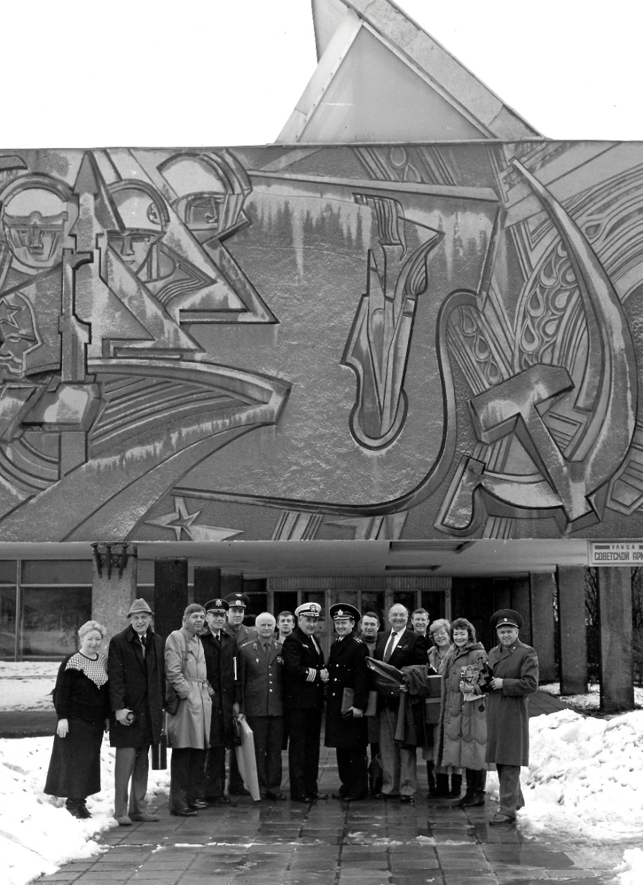 NMUSN-132: American Military Museum Directors, Moscow, Russia, February-March 1989. The Navy Museum’s Director, Oscar P. Fitzgerald, Ph.D., is the fourth from left, back row. The Deputy Director, Ms. Claudia Pennington, is second from left. Naval...