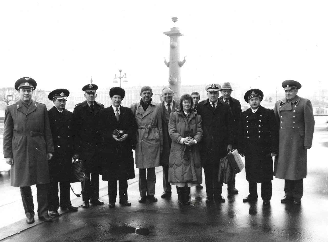 NMUSN-128: Moscow, Russia, February-March 1989. The Navy Museum’s Director, Oscar P. Fitzgerald, Ph.D., is in the center left, with the Navy Museum’s Deputy Director, Ms. Claudia Pennington. Naval Aviation Museum’s Director Robert L. Rasmussen is...