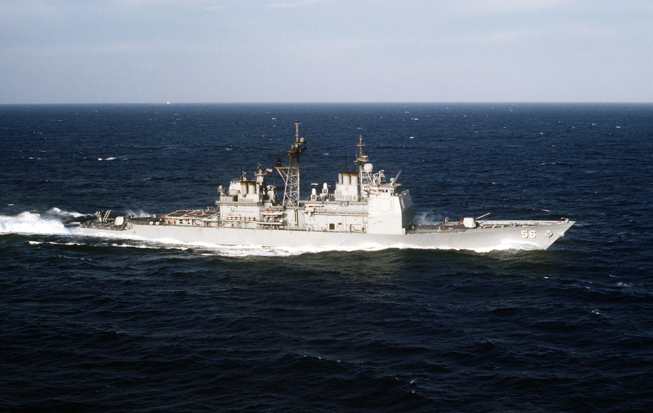 330-CFD-DN-ST-91-05584: USS San Jacinto (CG-56), Operation Desert Storm, 1991. Starboard view of the guided missile cruiser as it moves into position for an underway replenishment, February 1, 1991. Official U.S. Navy Photograph, now in the colle...
