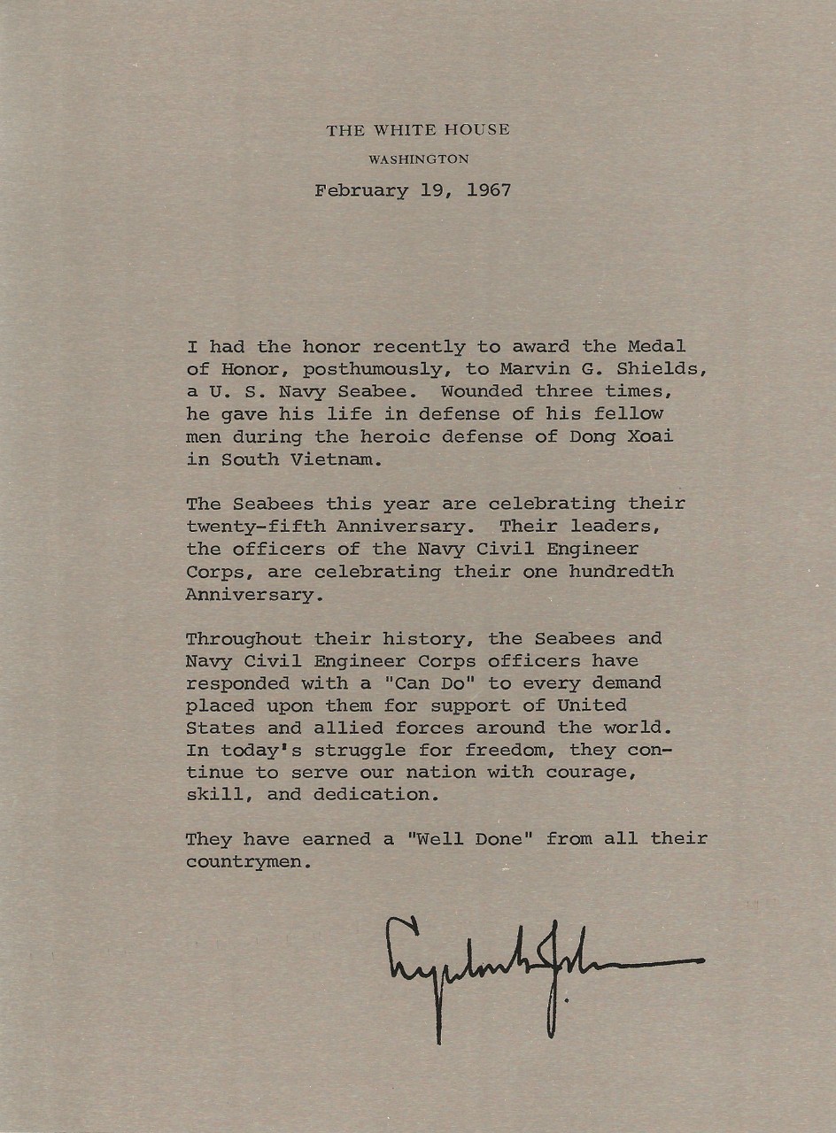 Medal of Honor award letter from President Johnson to Marvin Shields