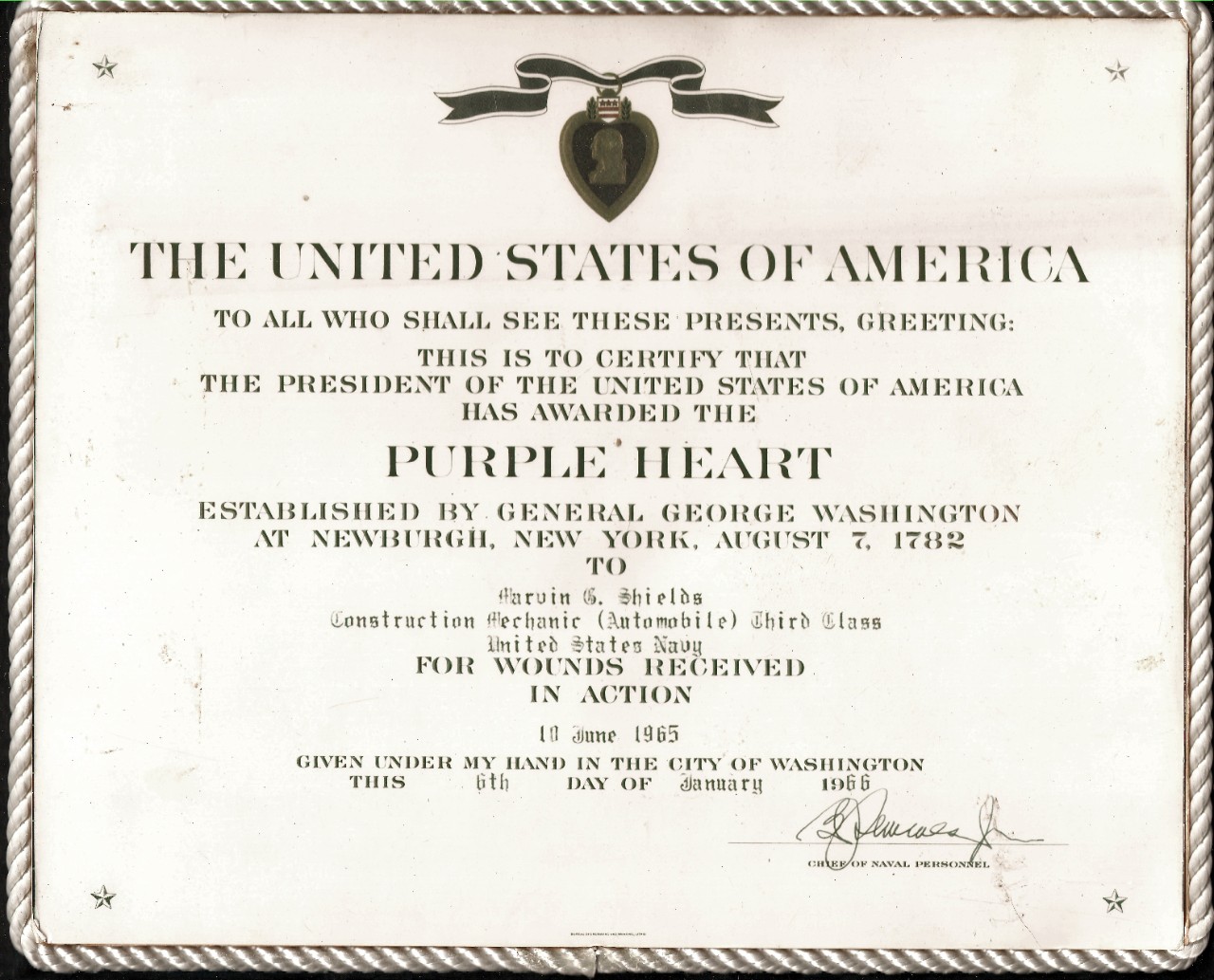Purple Heart Award for Marvin Shields