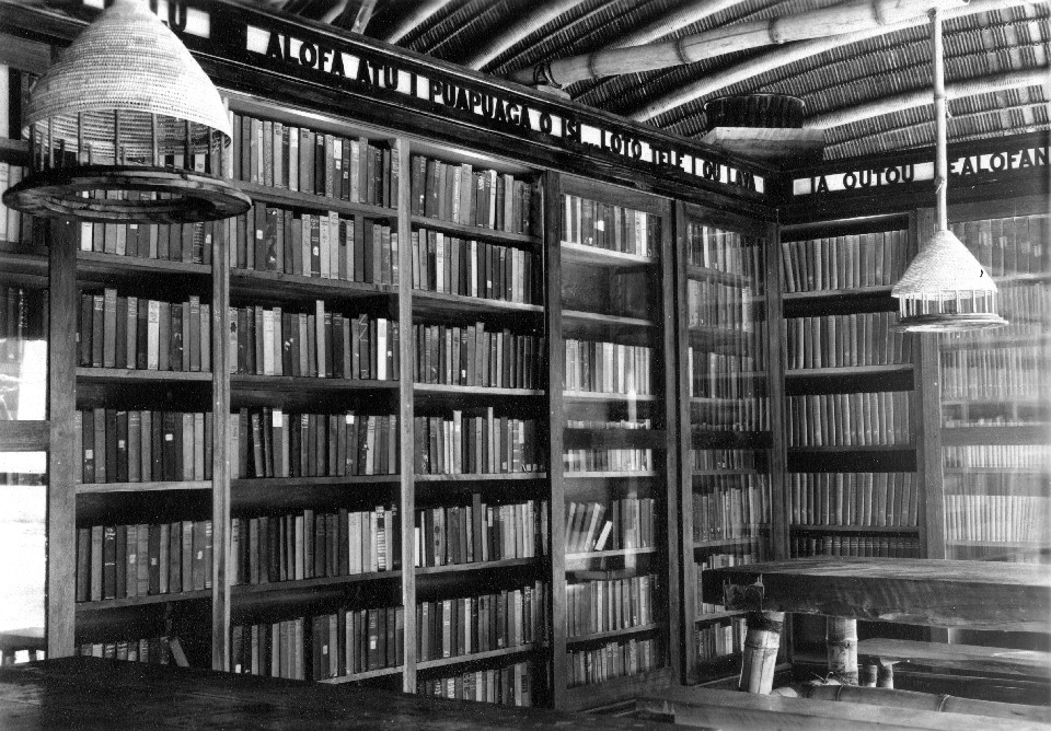 Interior of the American Samoa Library, Pago Pago, Tutuila, Samoa, shortly after construction was completed in 1938. Designed by the Civil Engineer Corps officers in the Public Works Department, the library was made entirely of native materials.