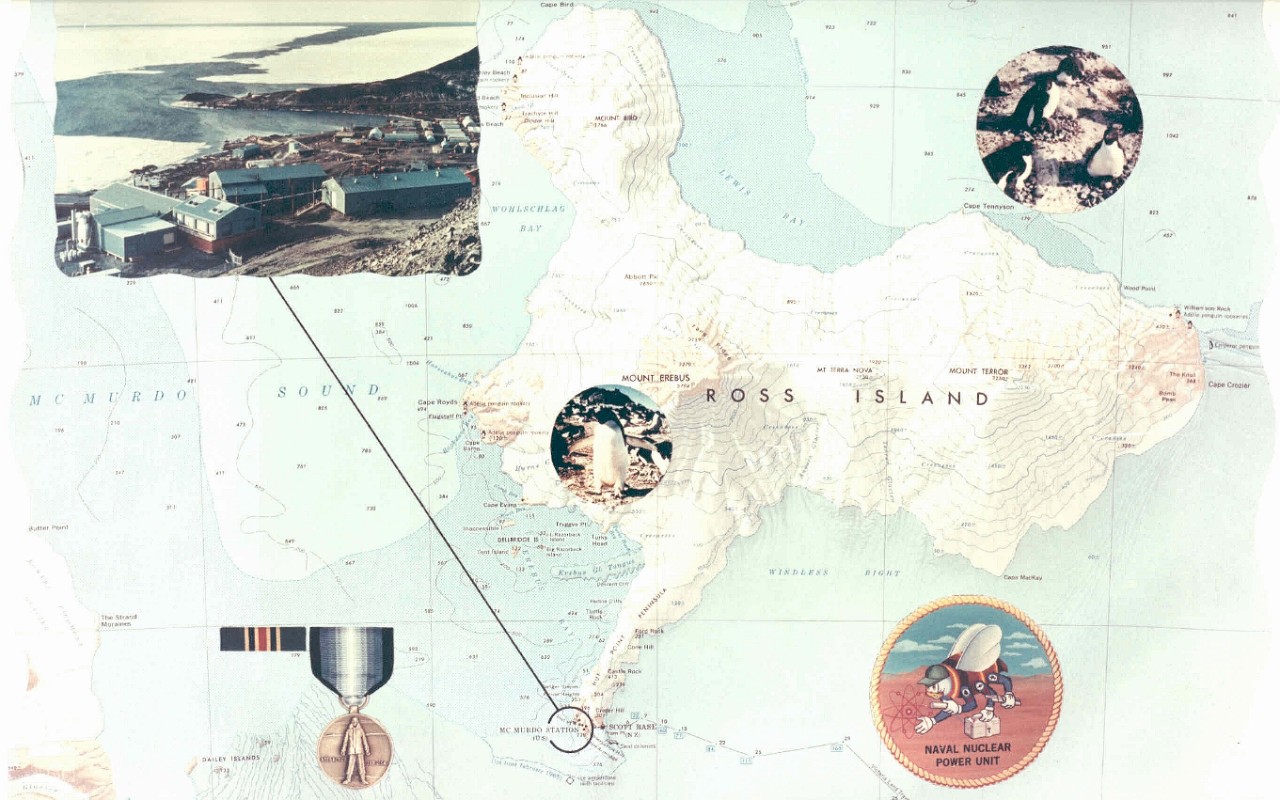 Map of Ross Island, Antarctica, with Seabee base illustrations