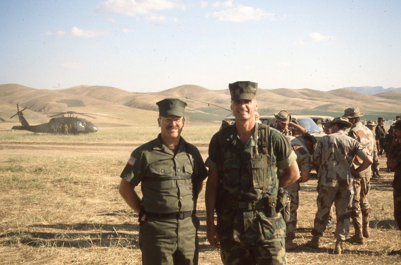 NMCB 133 Commanding Officer CDR Don Hutchins and COL Jim Jones, CDR 24th Marine Expeditionary Unit, Special Operations Capable, 1991. Operation Provide Comfort, Kurdistan.