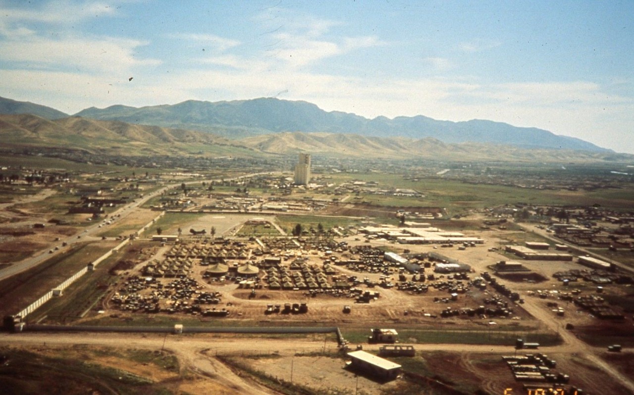Aerial View of Camp DW Sommers with the Zakho ‘Roo Zoo in foreground, Operation Provide Comfort, Kurdistan, 1991. 