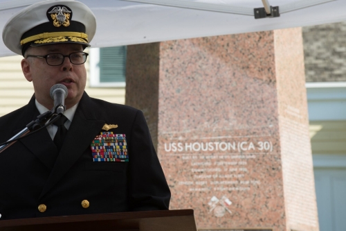 Rear Admiral Samuel J. Cox, USN (Ret.), speaks at the USS Houston (CA-30) Memorial Service.