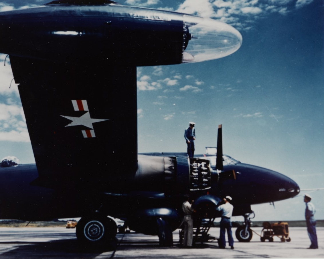 Lockheed P2V Neptune being serviced at Naval Air Test Center, Patuxent River, Maryland, circa 1950s