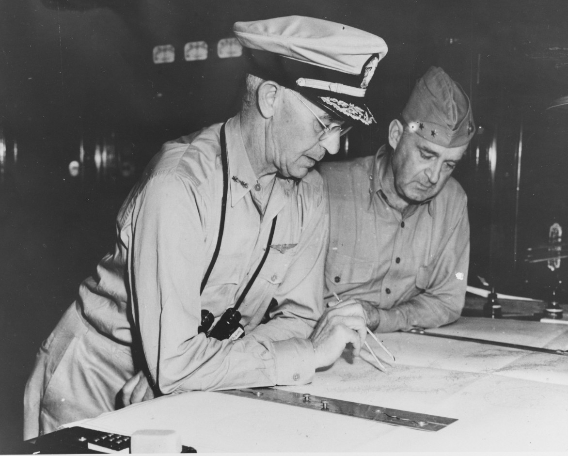 Photo #: 80-CF-112-4-63 Rear Admiral Richmond Kelly Turner, USN (left), and Major General Alexander A. Vandegrift, USMC
