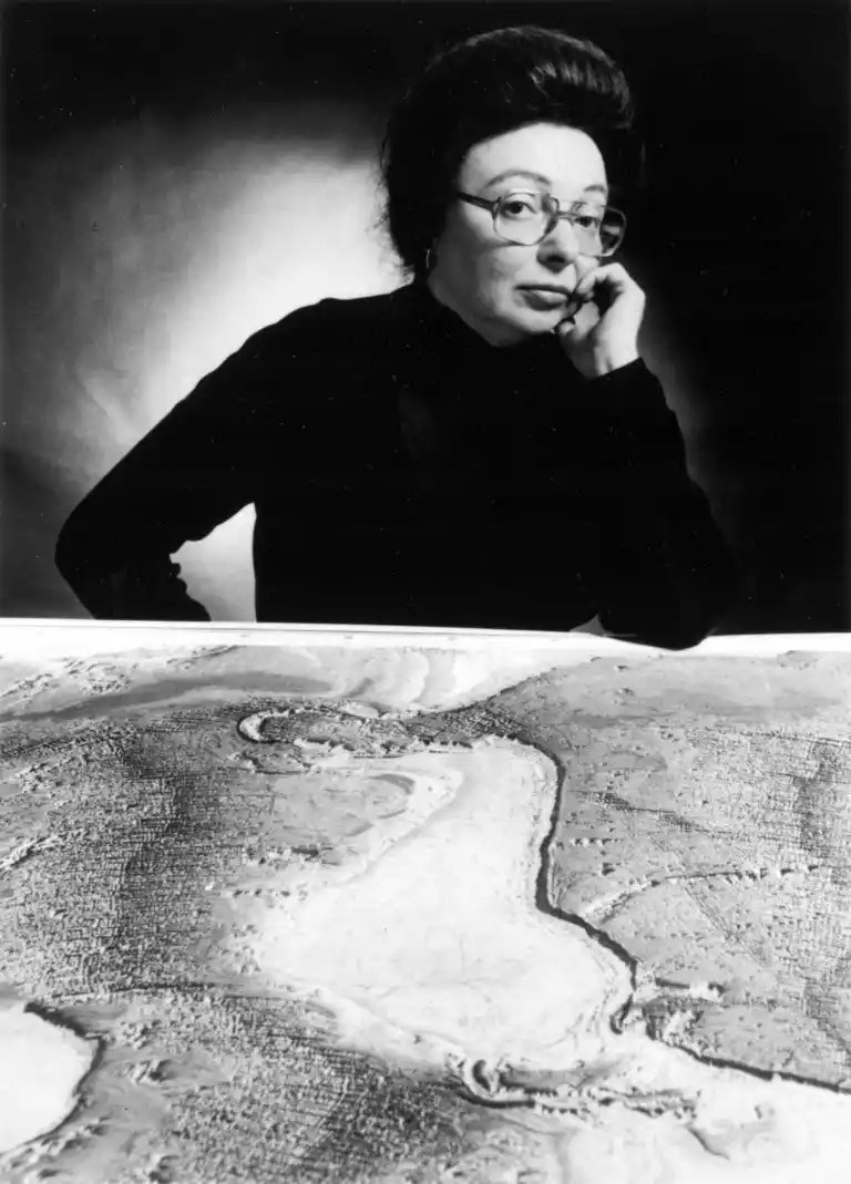 Marie Tharp posing with her map, c. 1968.