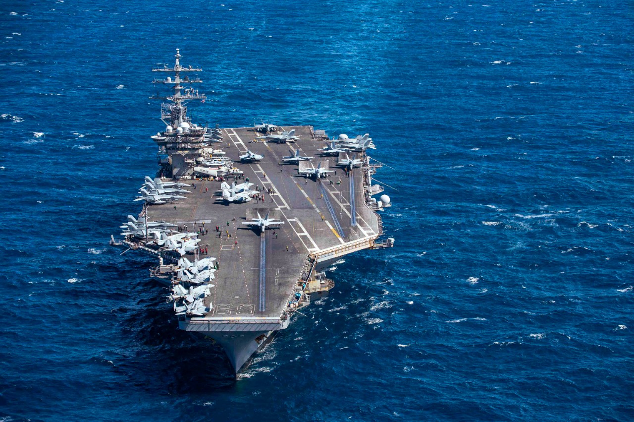 The Nimitz-class aircraft carrier USS Dwight D. Eisenhower (CVN 69) transits the Mediterranean Sea, 17 March 2021.  