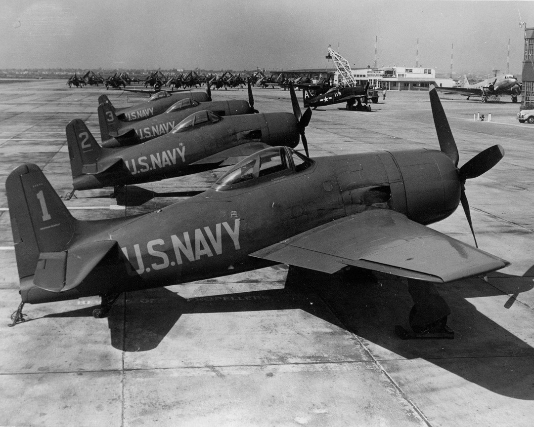 Row of parked Blue Angels F8F Bearcats