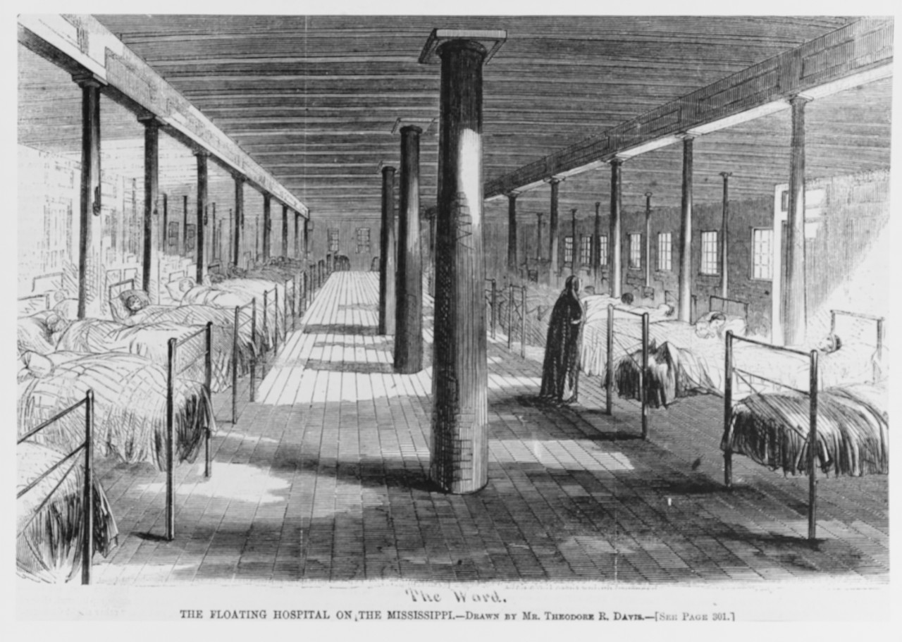 Drawing of a hospital ward on a ship. A nun (nurse) stands off to the right, tending to a patient in bed.