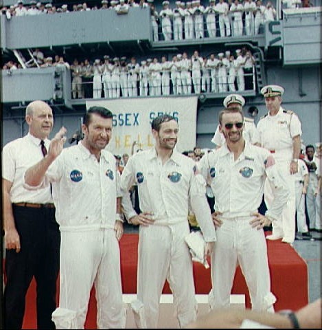 Apollo 7 crew arrives aboard recovery ship, USS Essex 