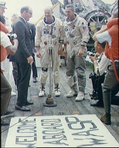 Gemini 9-A astronauts welcomed aboard USS Wasp
