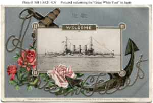 NH 106121-KN: Postcard commemorating fleet's visit to Japan depicting Connecticut-class battleship.