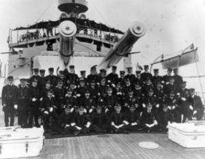 NH 82511: USS Missouri officers with officers from Japanese armored cruiser Nisshin aboard USS Missouri.